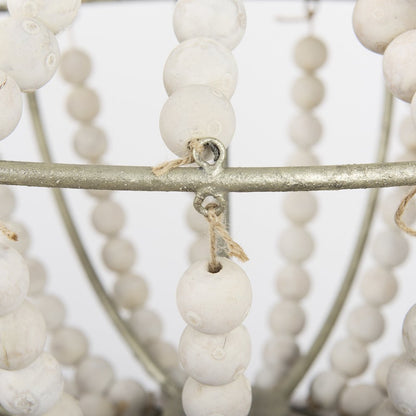 Silver Metal Chassis and White Wood Beaded Six Bulb Chandelier