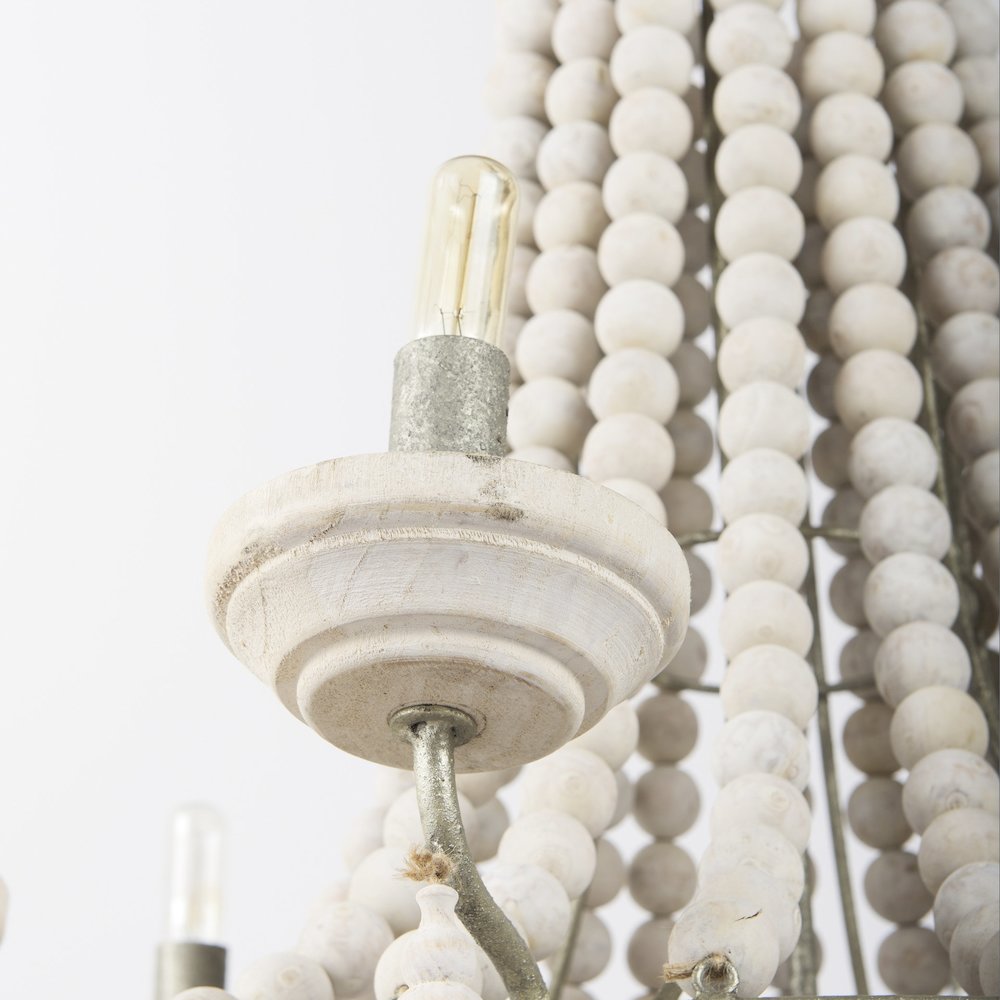 Silver Metal Chassis and White Wood Beaded Six Bulb Chandelier