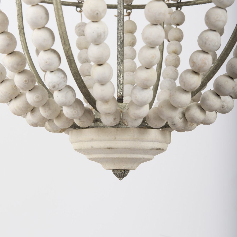 Silver Metal Chassis and White Wood Beaded Six Bulb Chandelier