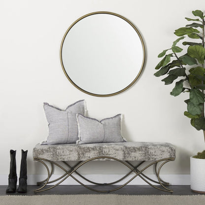 Light and Dark Gray Fabric Seat W/ Antique Gold Metal Frame Bench