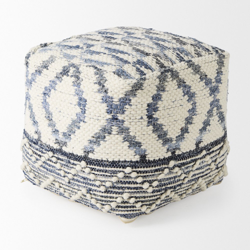 Eshana 16.0L x 16.0W x 16.0H Cream Wool and Denim Patterned Pouf