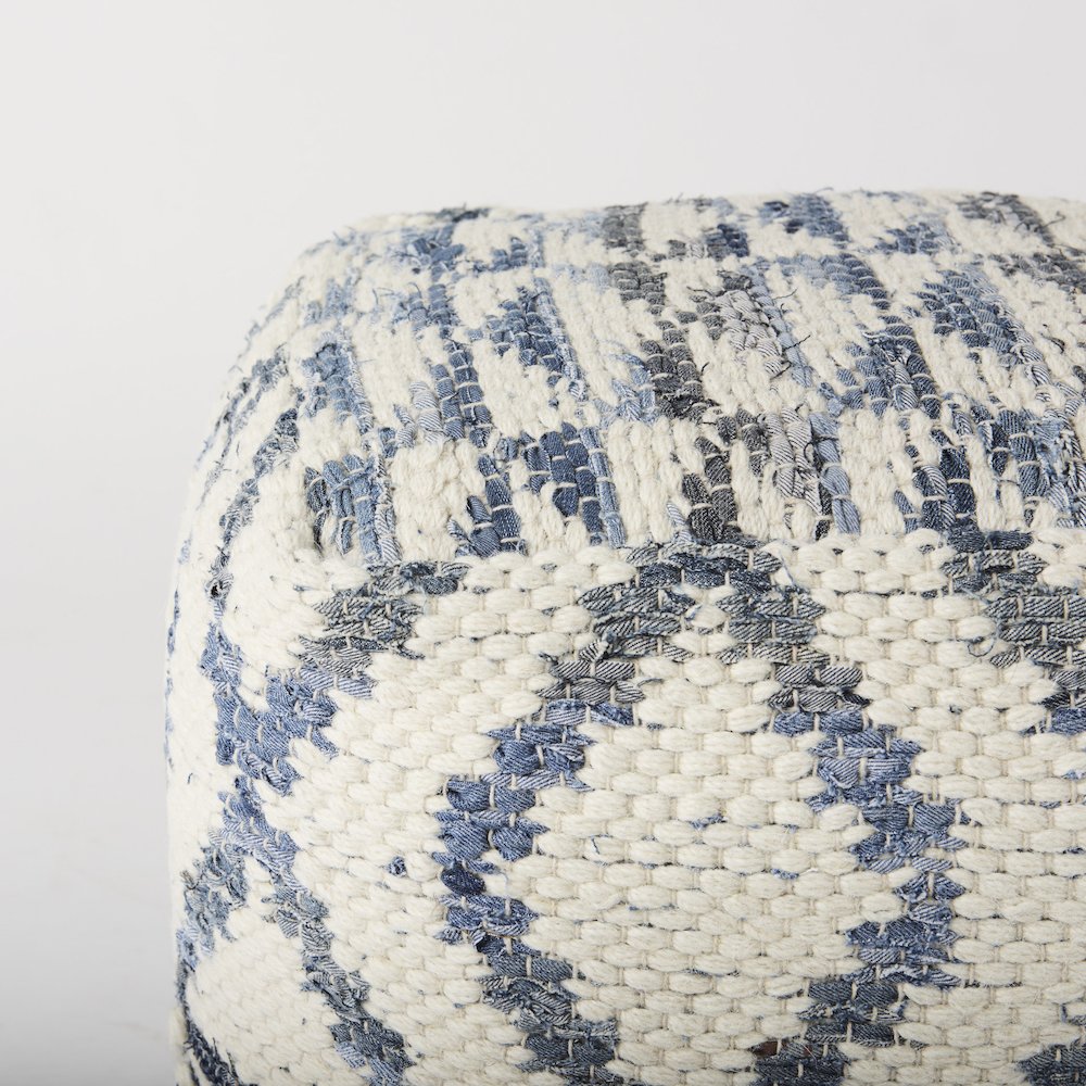 Eshana 16.0L x 16.0W x 16.0H Cream Wool and Denim Patterned Pouf