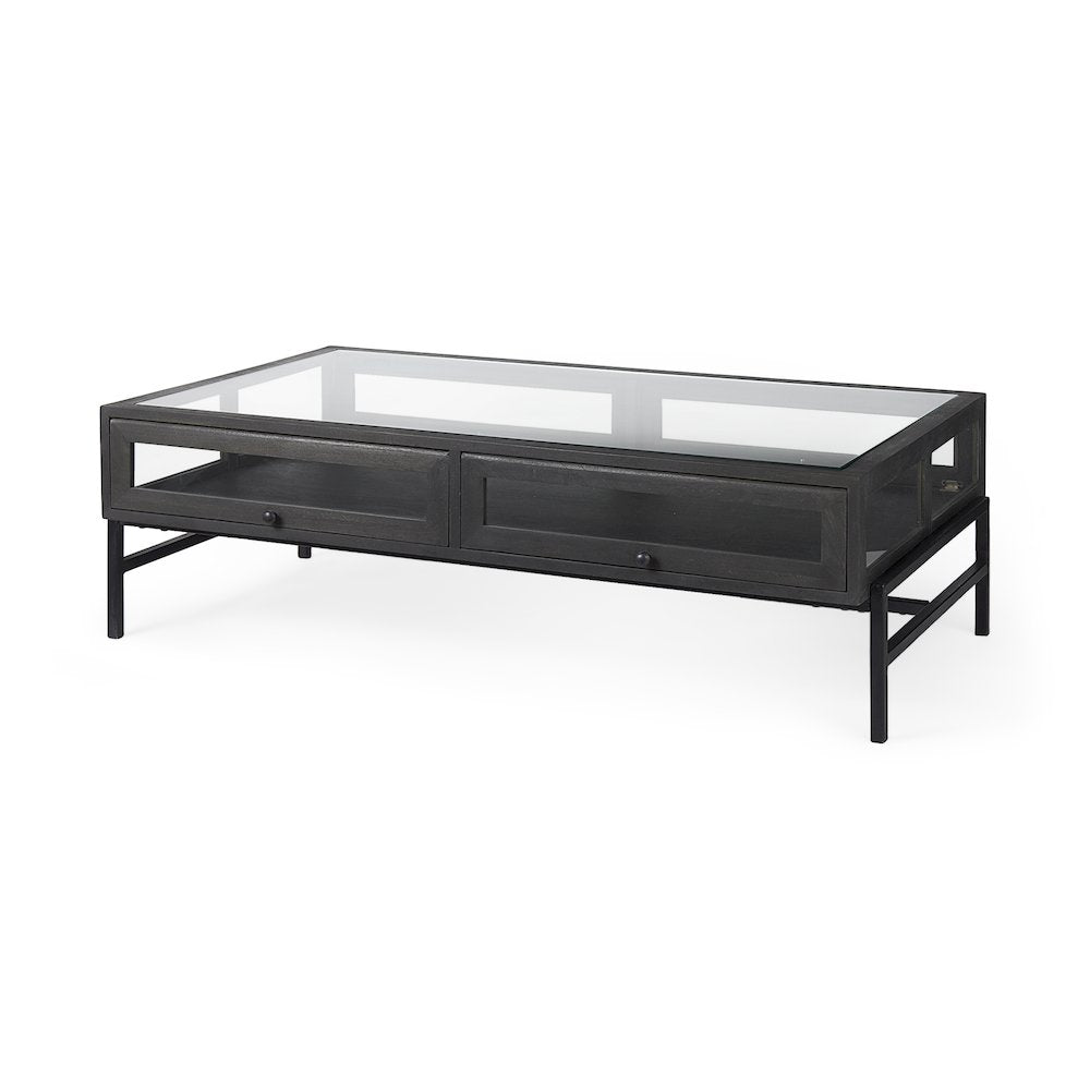 42"L Rectangular Black-Brown Wood Black Metal Base Display Coffee Table