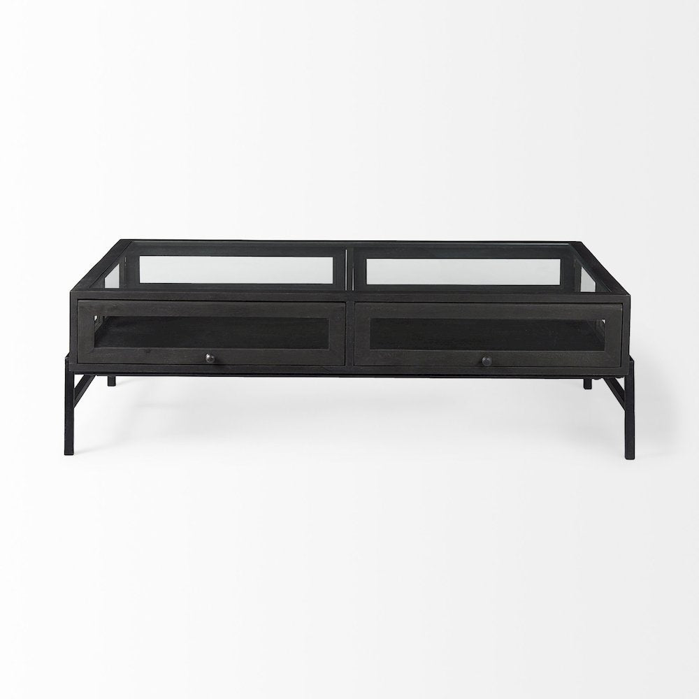 42"L Rectangular Black-Brown Wood Black Metal Base Display Coffee Table
