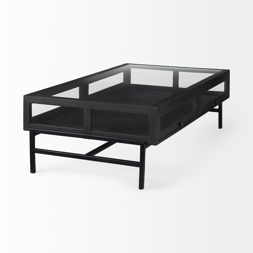 42"L Rectangular Black-Brown Wood Black Metal Base Display Coffee Table