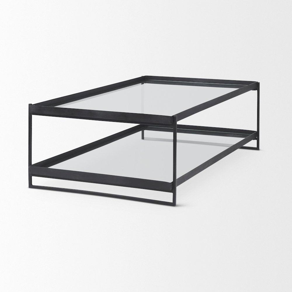 Trey 56"L x 32"W x 17"H Black Metal W/Glass Coffee Table