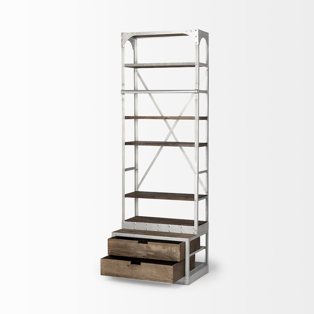 32L x 22W x 94H  Medium Brown Wood Silver Accent Four Shelf Shelving Unit