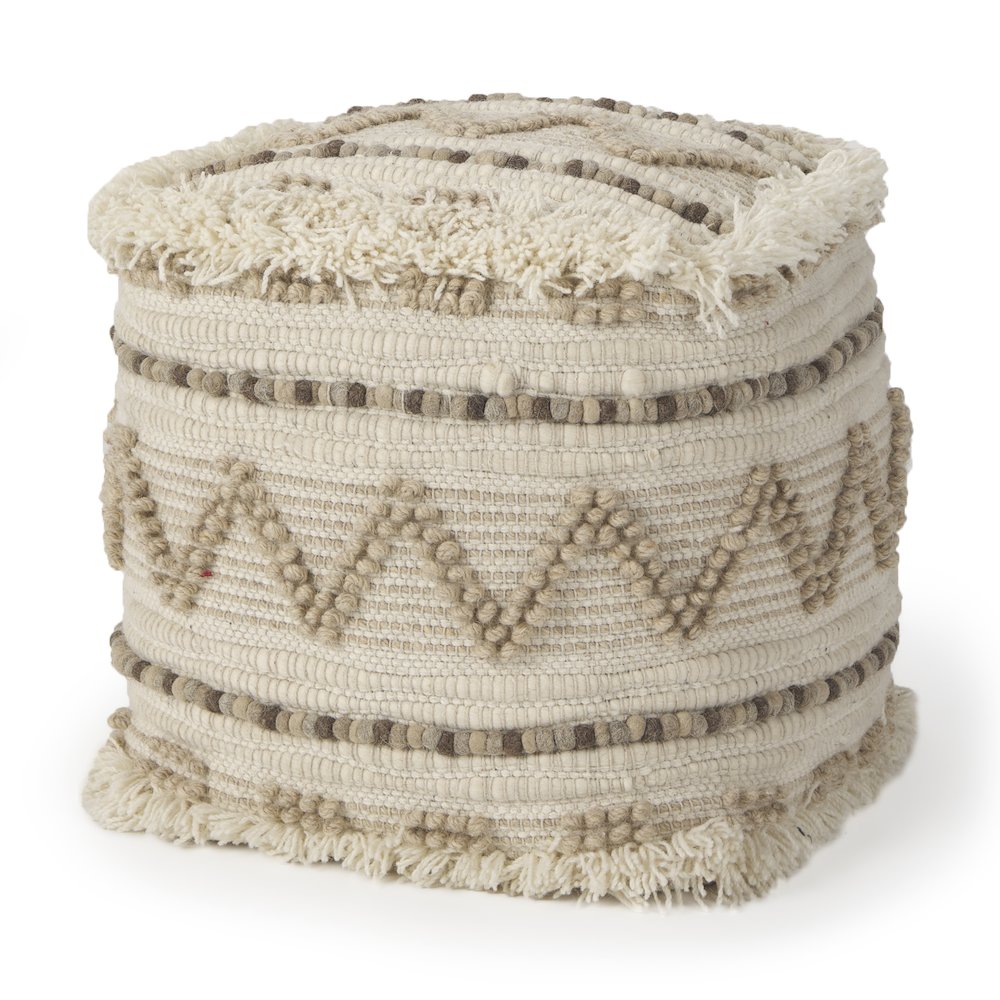 Caela Beige/Brown Wool, Cotton and Felt Popcorn Stitch Square Pouf