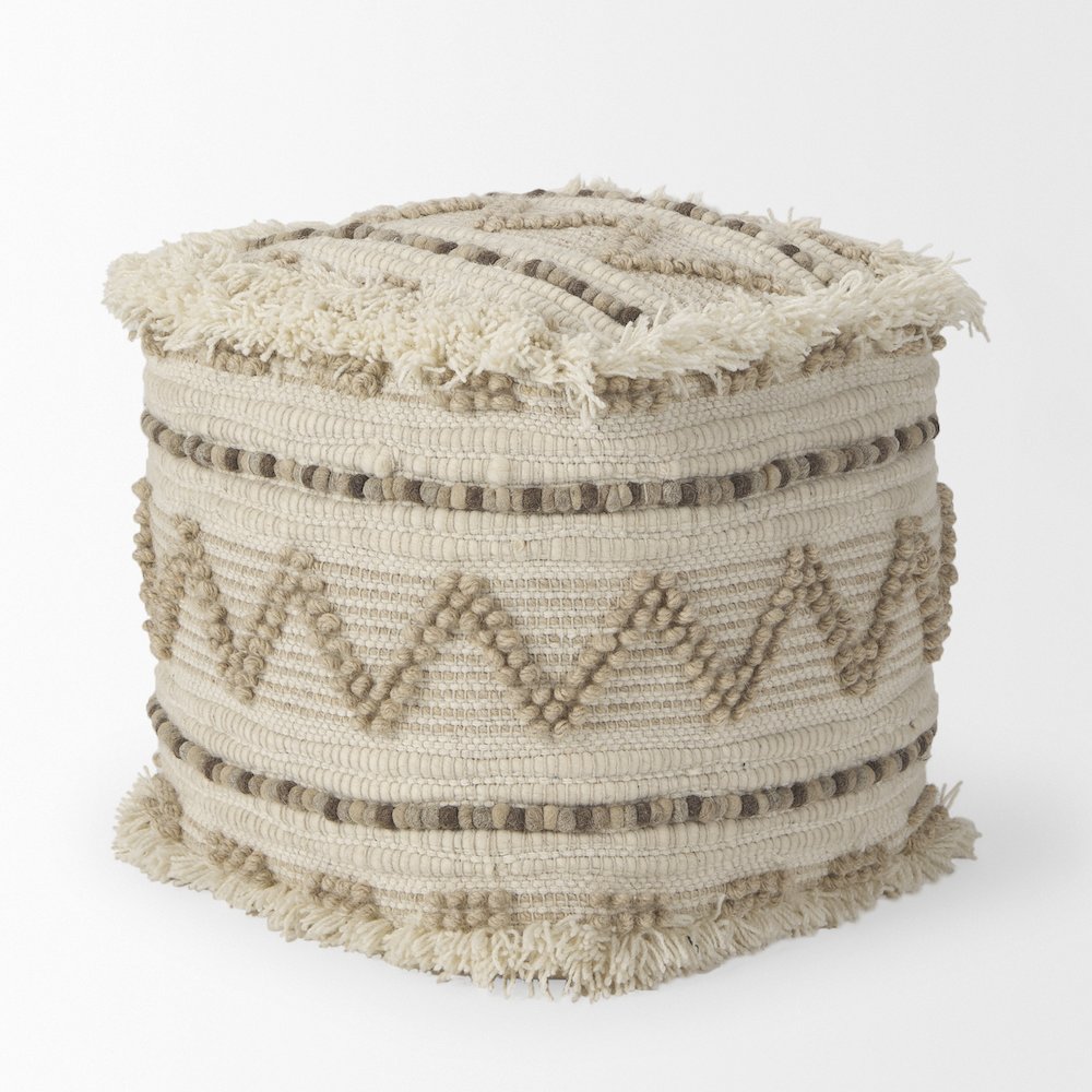Caela Beige/Brown Wool, Cotton and Felt Popcorn Stitch Square Pouf