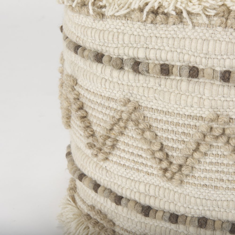 Caela Beige/Brown Wool, Cotton and Felt Popcorn Stitch Square Pouf