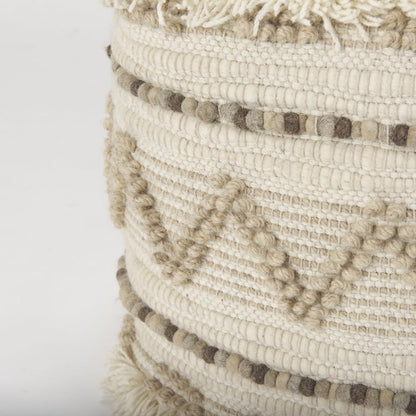 Caela Beige/Brown Wool, Cotton and Felt Popcorn Stitch Square Pouf