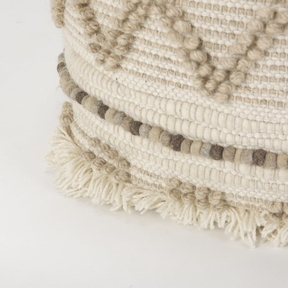 Caela Beige/Brown Wool, Cotton and Felt Popcorn Stitch Square Pouf