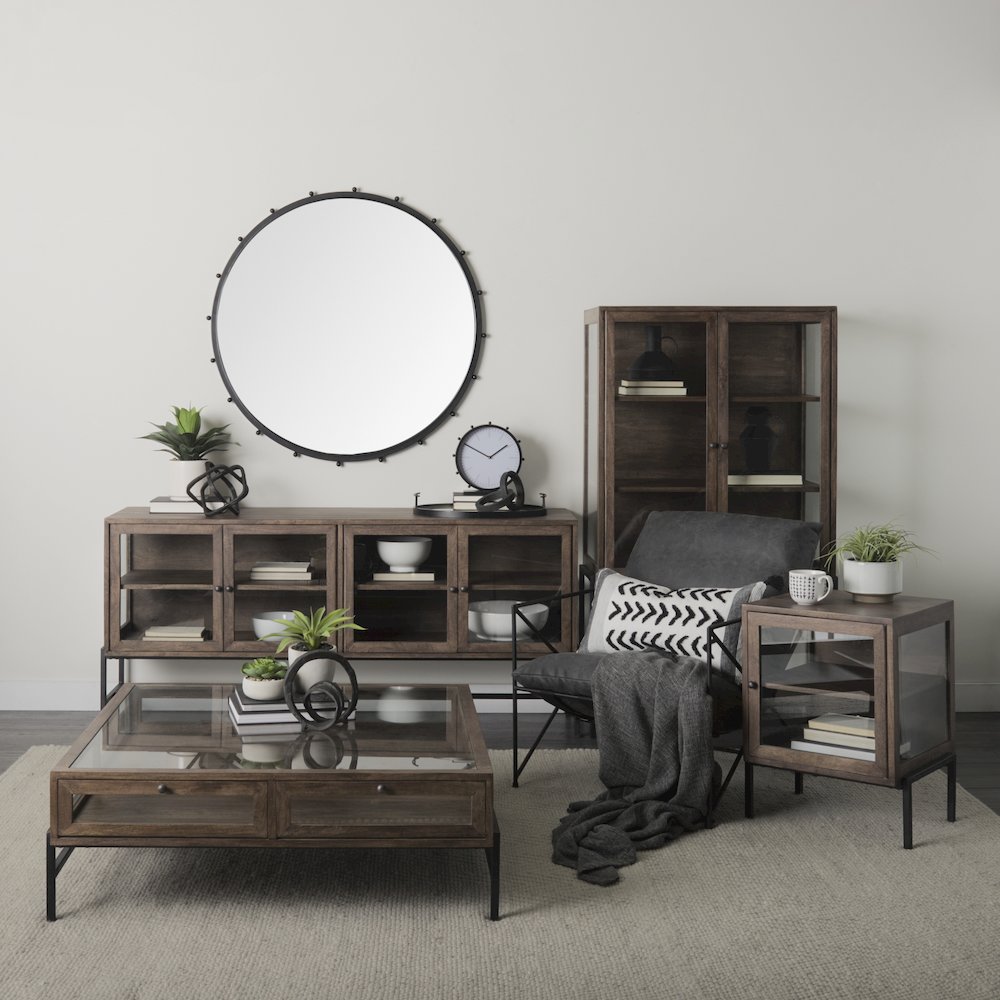 Medium Brown, Black Metal Base w/ 4 Glass Door Cabinets Sideboard