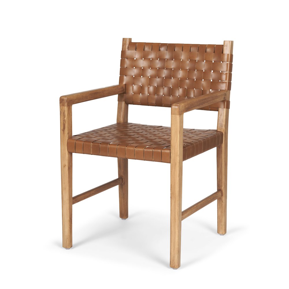 Brown Wood Woven Brown Leather Dining Armchair