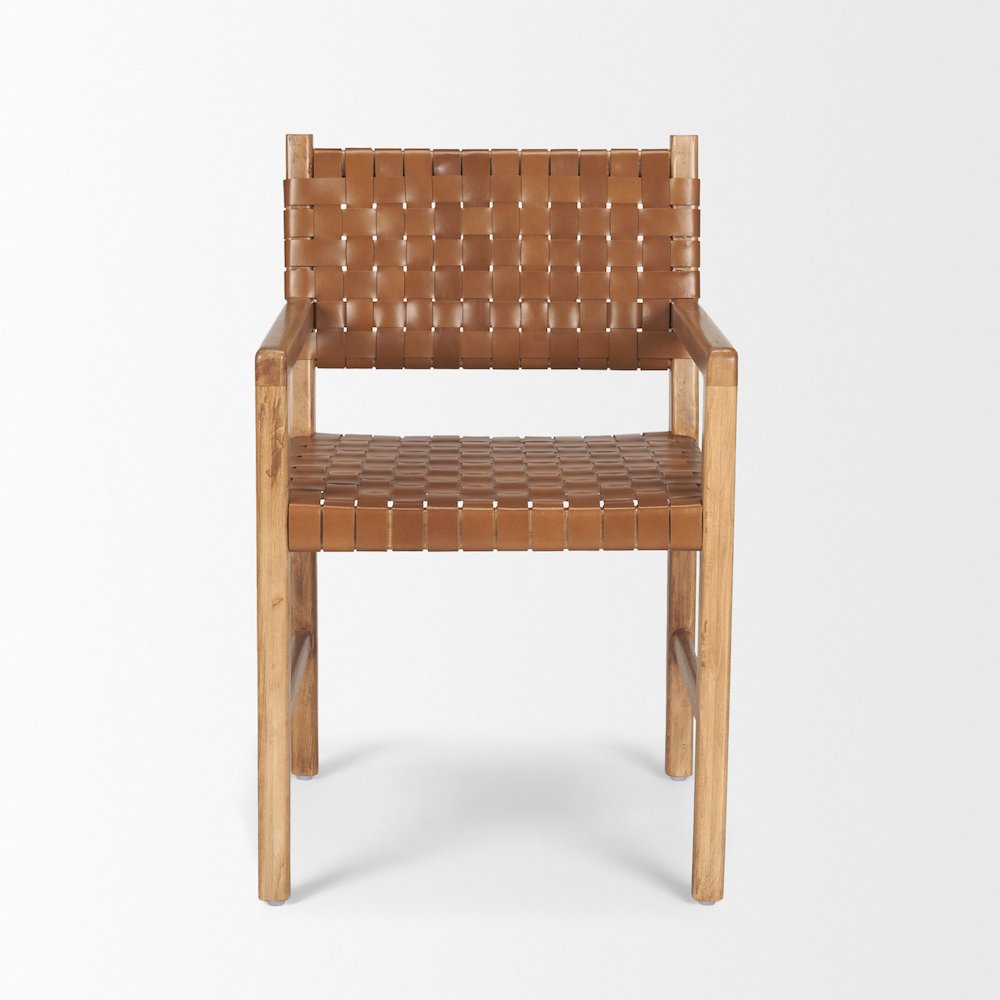 Brown Wood Woven Brown Leather Dining Armchair