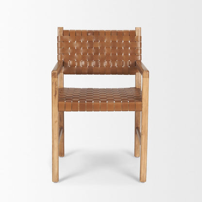 Brown Wood Woven Brown Leather Dining Armchair