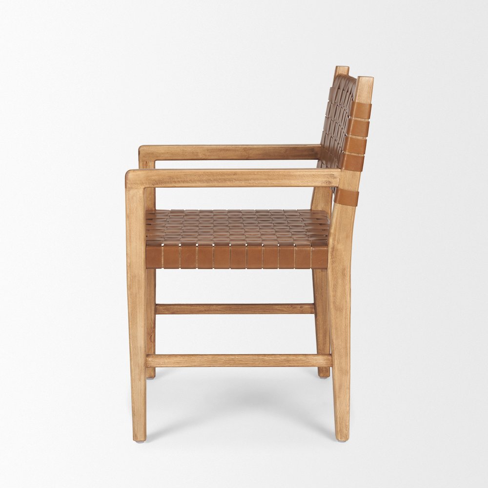 Brown Wood Woven Brown Leather Dining Armchair
