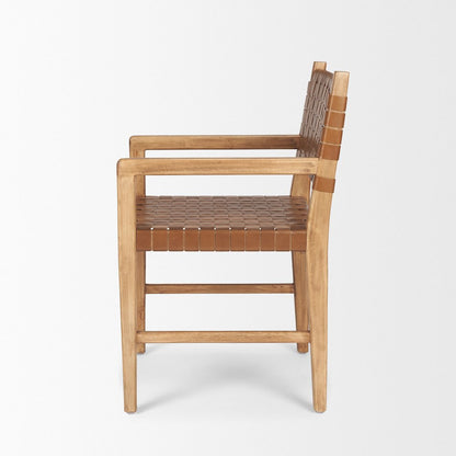 Brown Wood Woven Brown Leather Dining Armchair