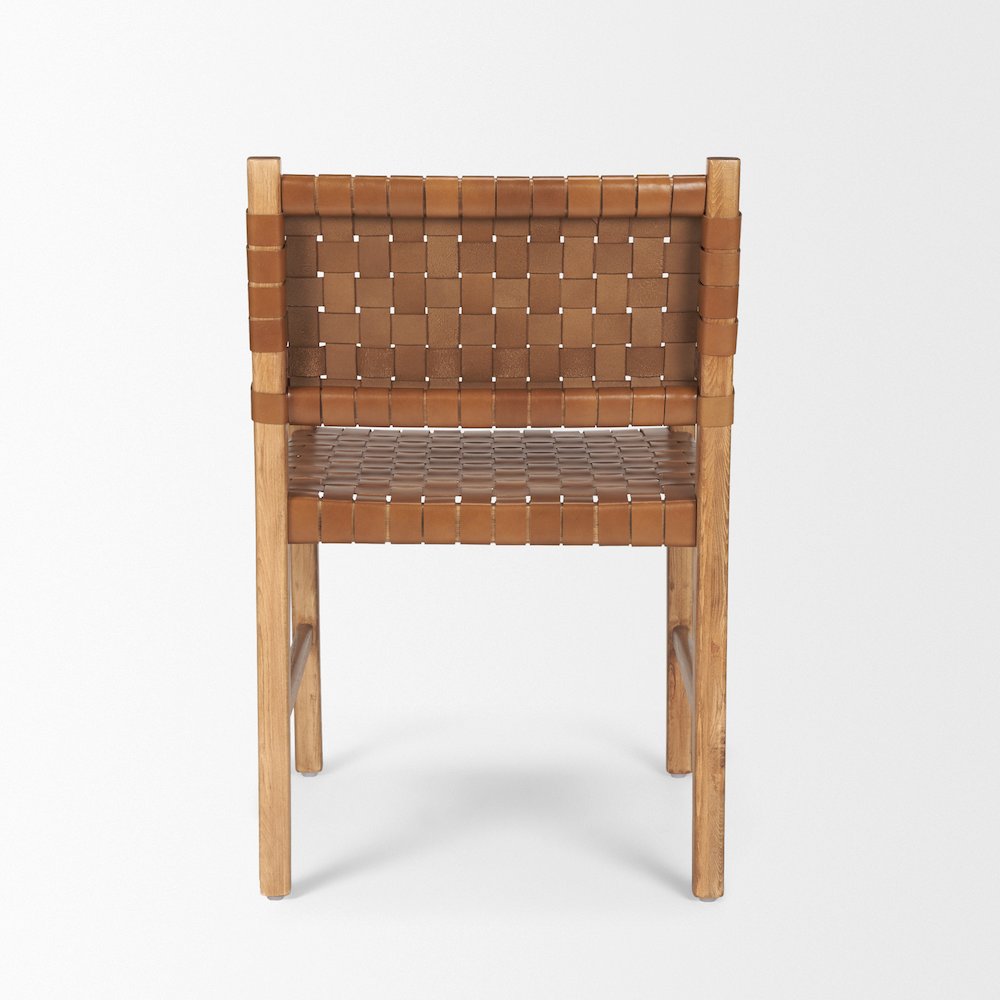 Brown Wood Woven Brown Leather Dining Armchair