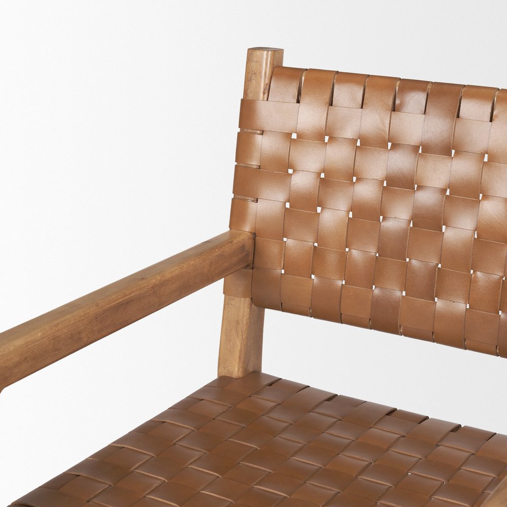 Brown Wood Woven Brown Leather Dining Armchair