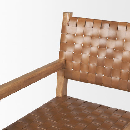 Brown Wood Woven Brown Leather Dining Armchair