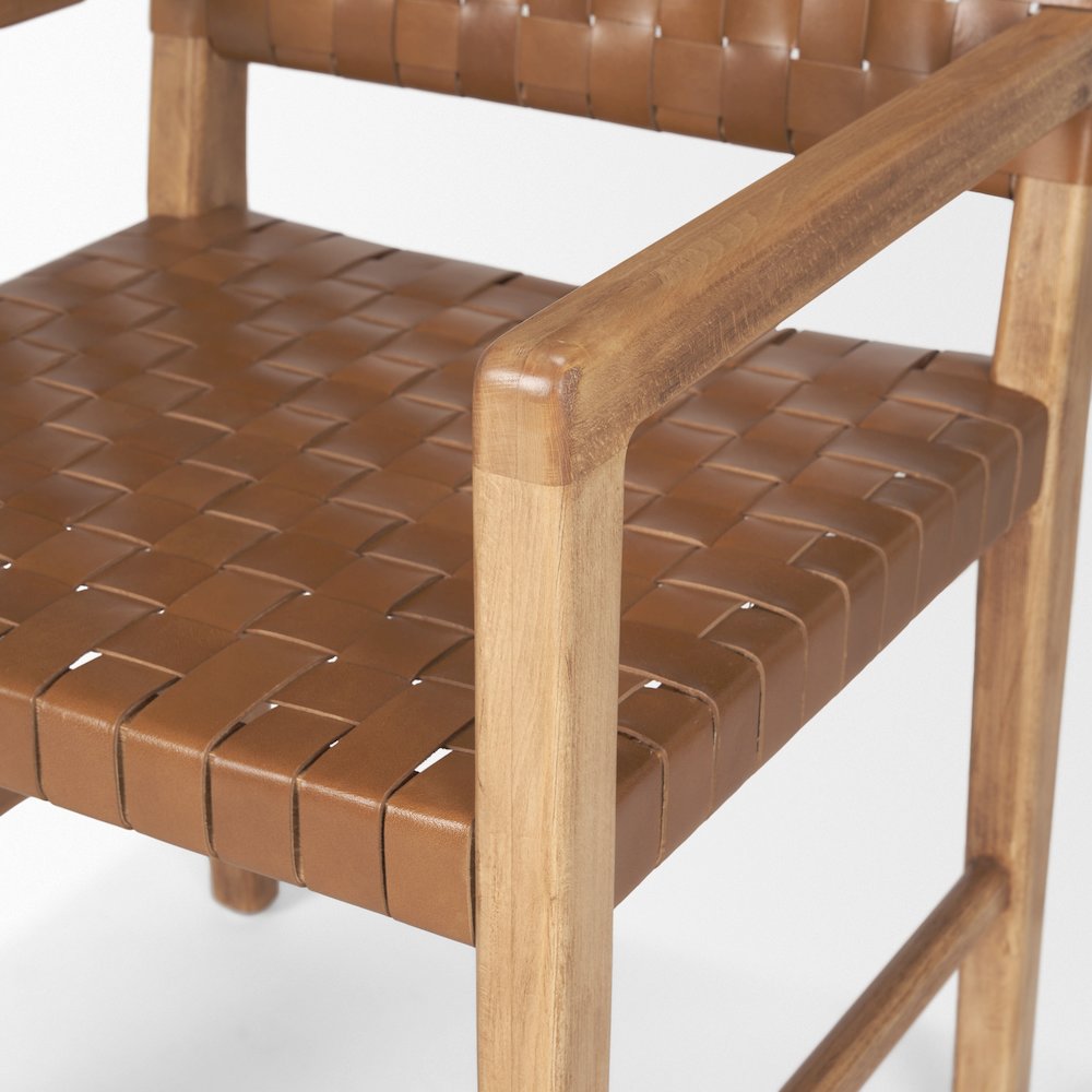 Brown Wood Woven Brown Leather Dining Armchair