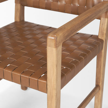 Brown Wood Woven Brown Leather Dining Armchair