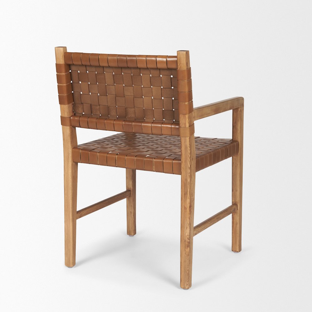 Brown Wood Woven Brown Leather Dining Armchair