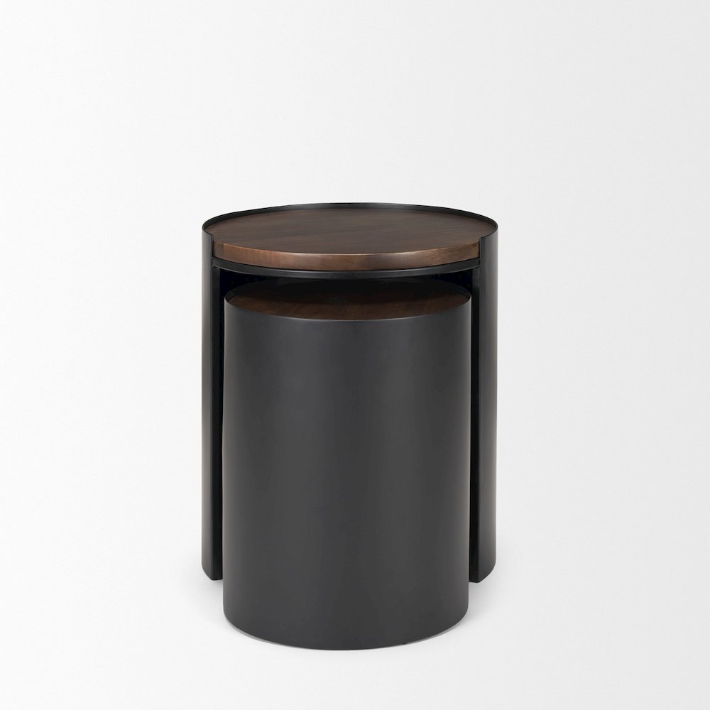 Matte Black Metal Dark Brown Wood Top Nesting Accent Tables