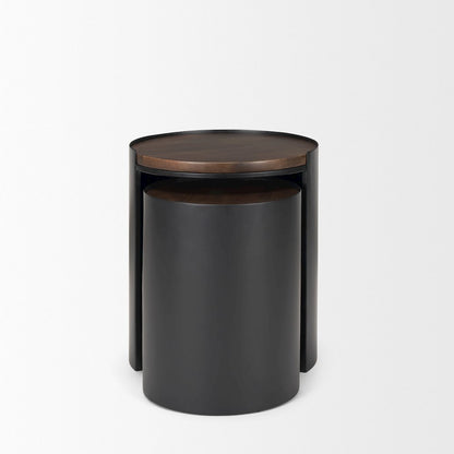 Matte Black Metal Dark Brown Wood Top Nesting Accent Tables