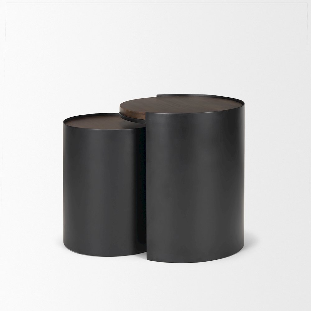 Matte Black Metal Dark Brown Wood Top Nesting Accent Tables