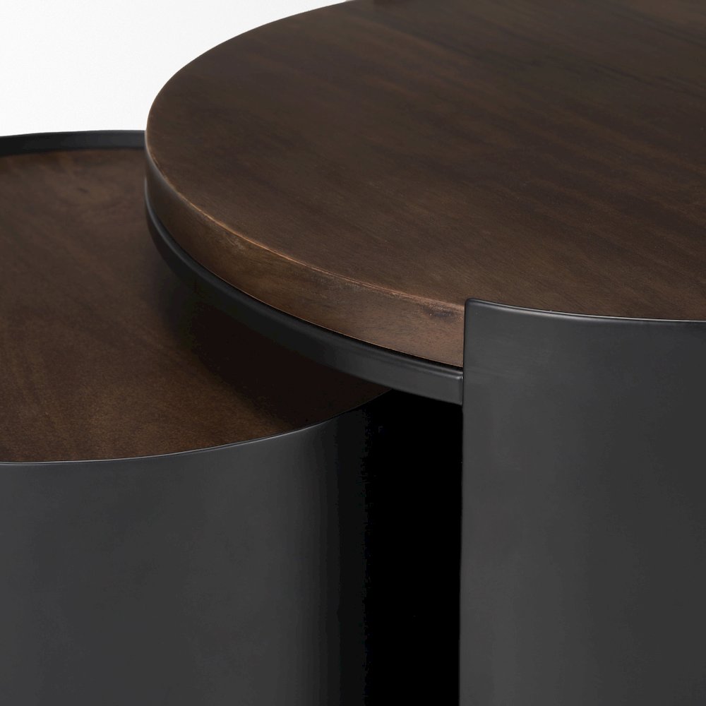 Matte Black Metal Dark Brown Wood Top Nesting Accent Tables