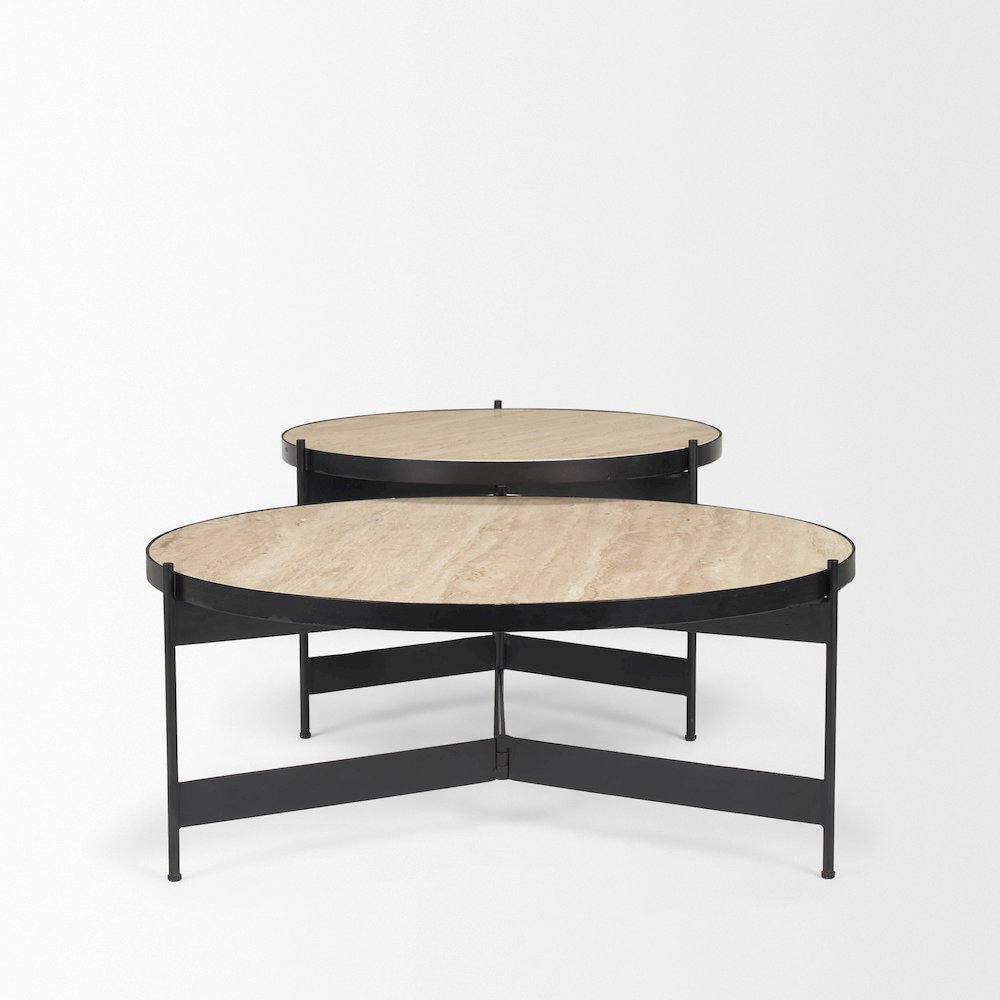 Travertine Marble Matte Black Metal Coffee Tables