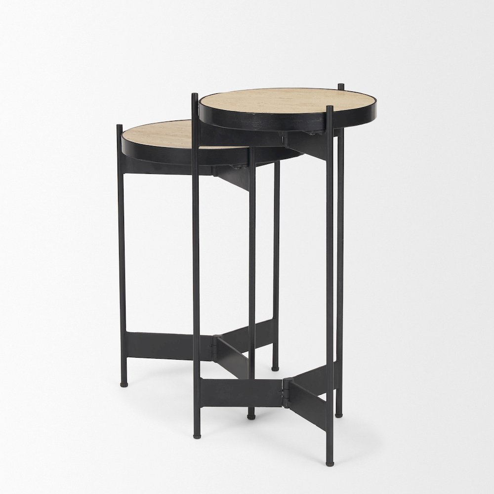 Wade Travertine Marble Matte Black Metal End Tables