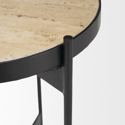 Wade Travertine Marble Matte Black Metal End Tables