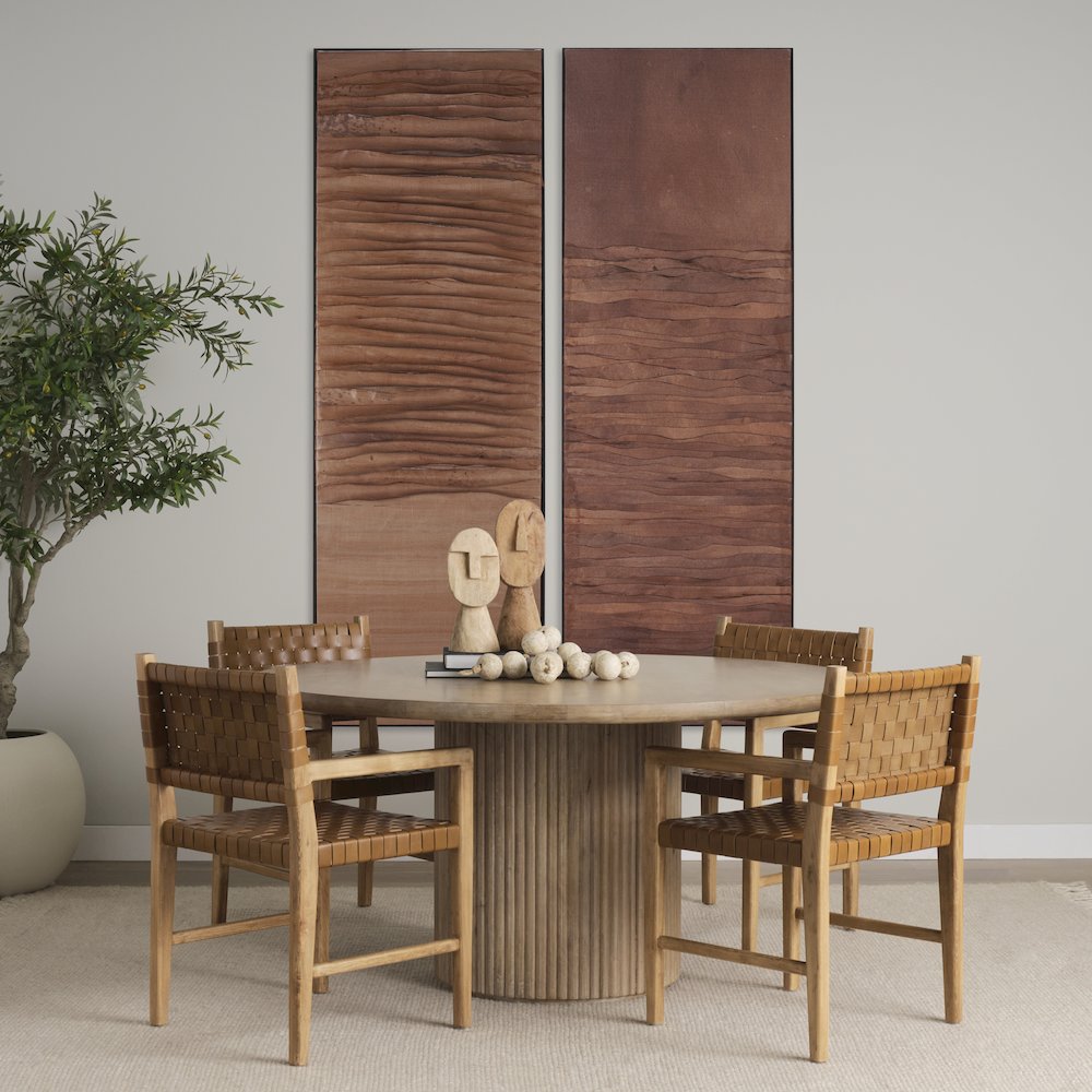 Brown Wood Woven Brown Leather Dining Armchair