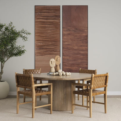 Brown Wood Woven Brown Leather Dining Armchair