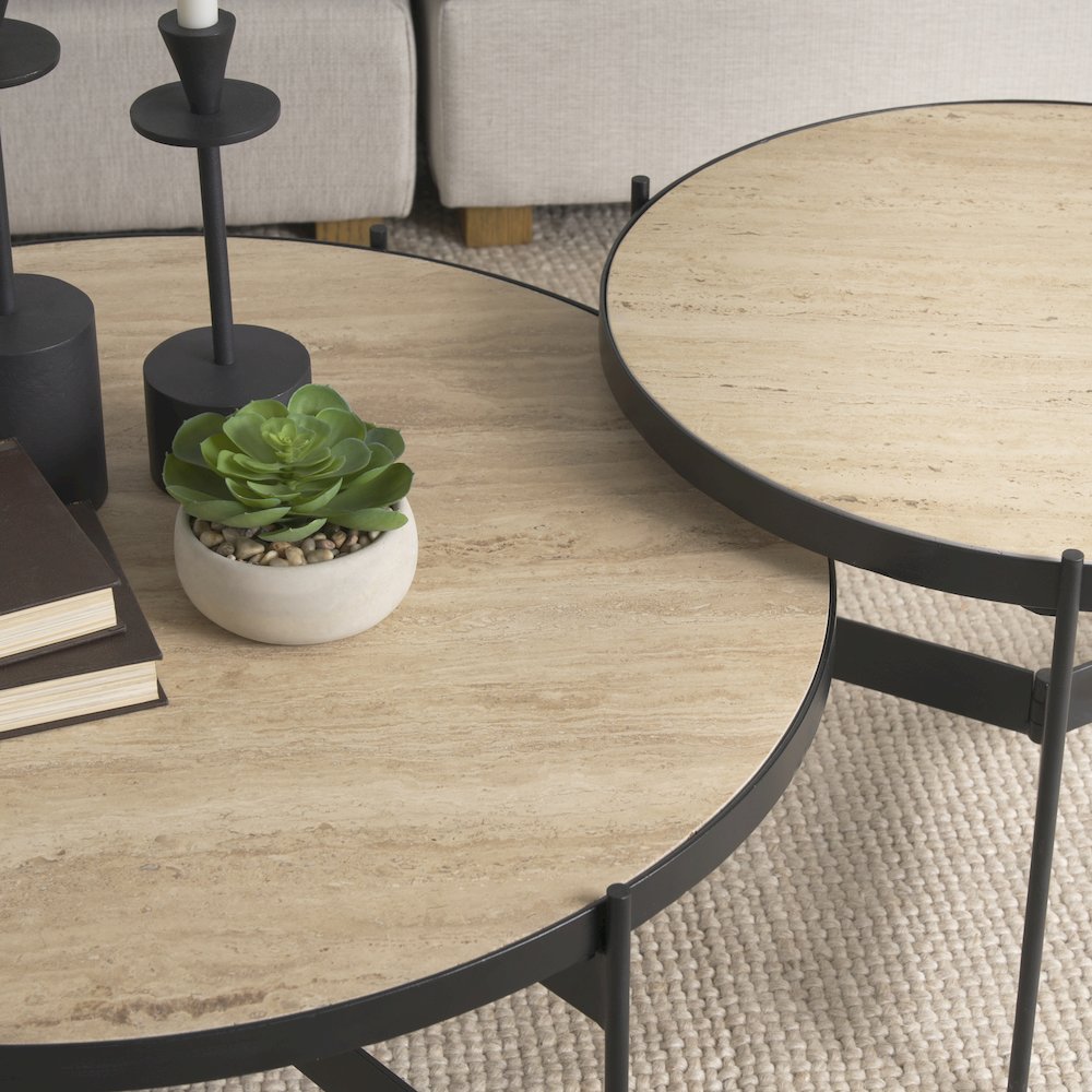 Travertine Marble Matte Black Metal Coffee Tables