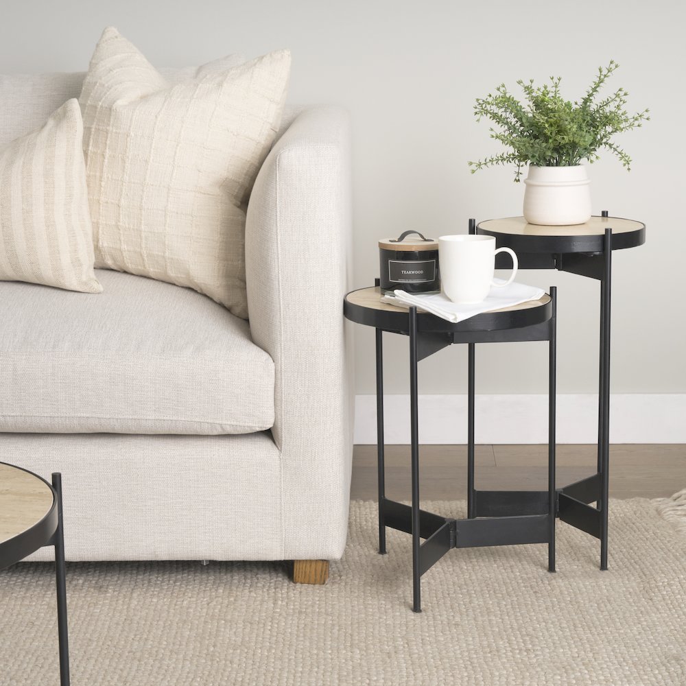 Wade Travertine Marble Matte Black Metal End Tables