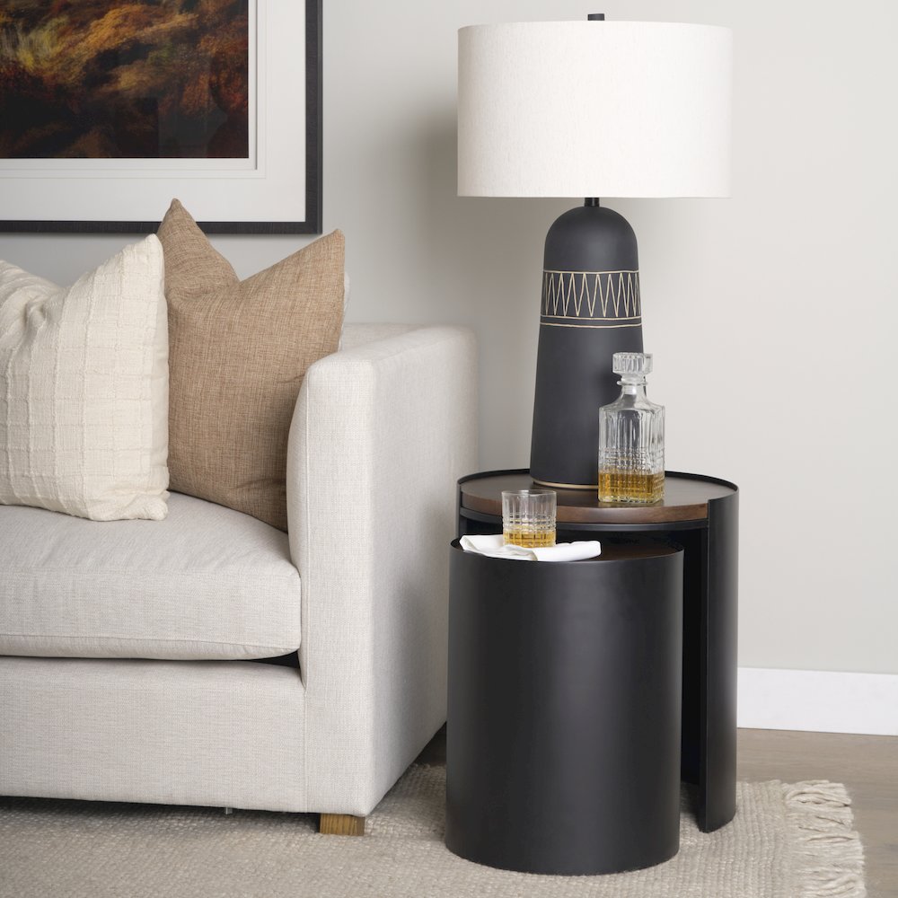 Matte Black Metal Dark Brown Wood Top Nesting Accent Tables