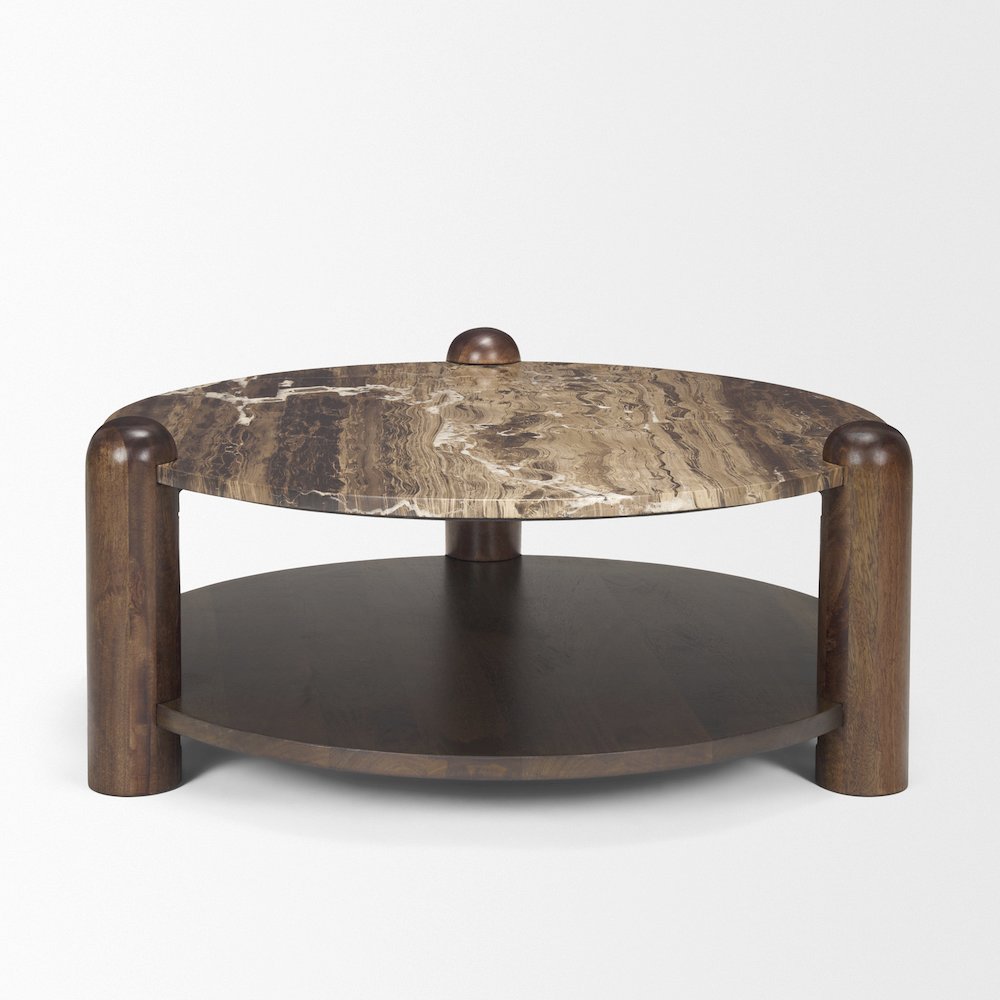 Brown Mango Wood Cappuccino Marble Round Coffee Table