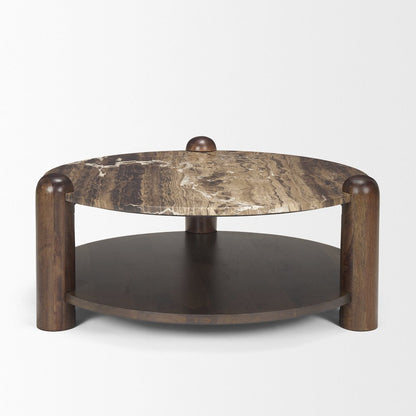 Brown Mango Wood Cappuccino Marble Round Coffee Table