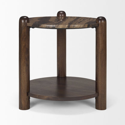 Jovia Brown Mango Wood Cappuccino Marble Round Side Table