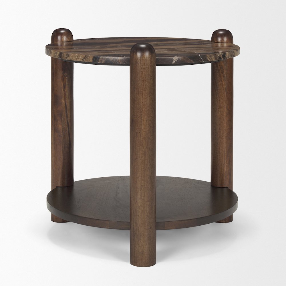 Jovia Brown Mango Wood Cappuccino Marble Round Side Table