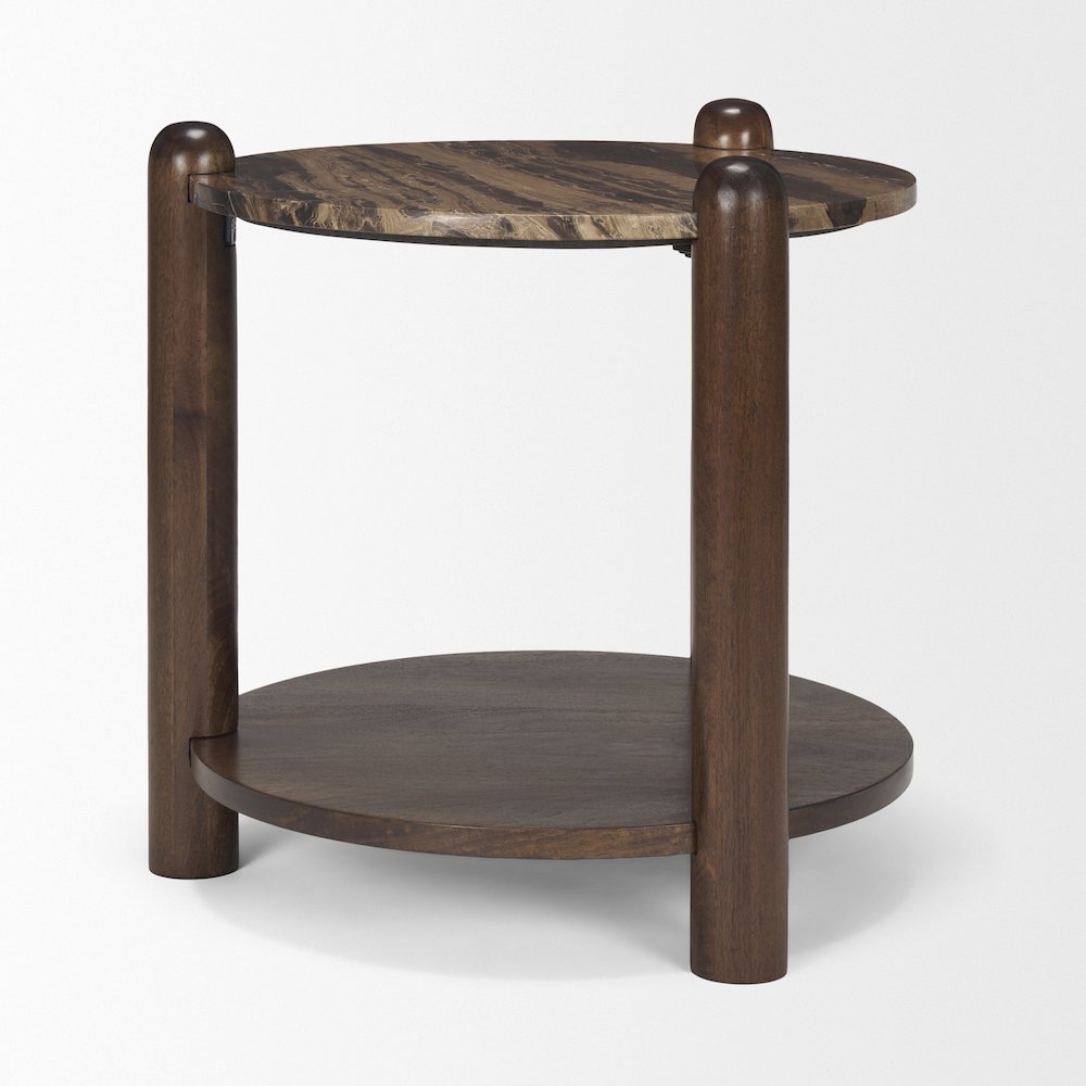 Jovia Brown Mango Wood Cappuccino Marble Round Side Table