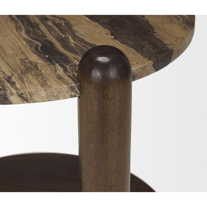 Jovia Brown Mango Wood Cappuccino Marble Round Side Table