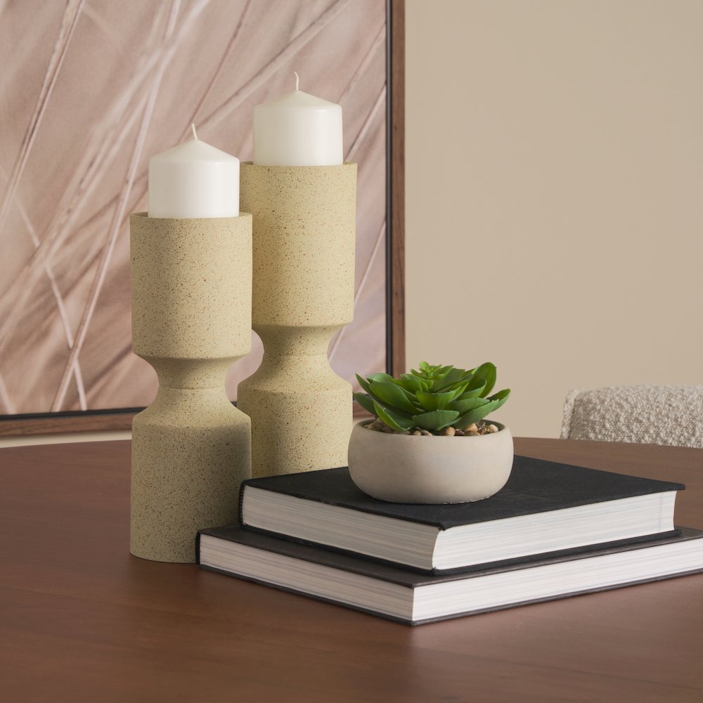Akira Small Textured Beige Metal Pillar Candle Holder