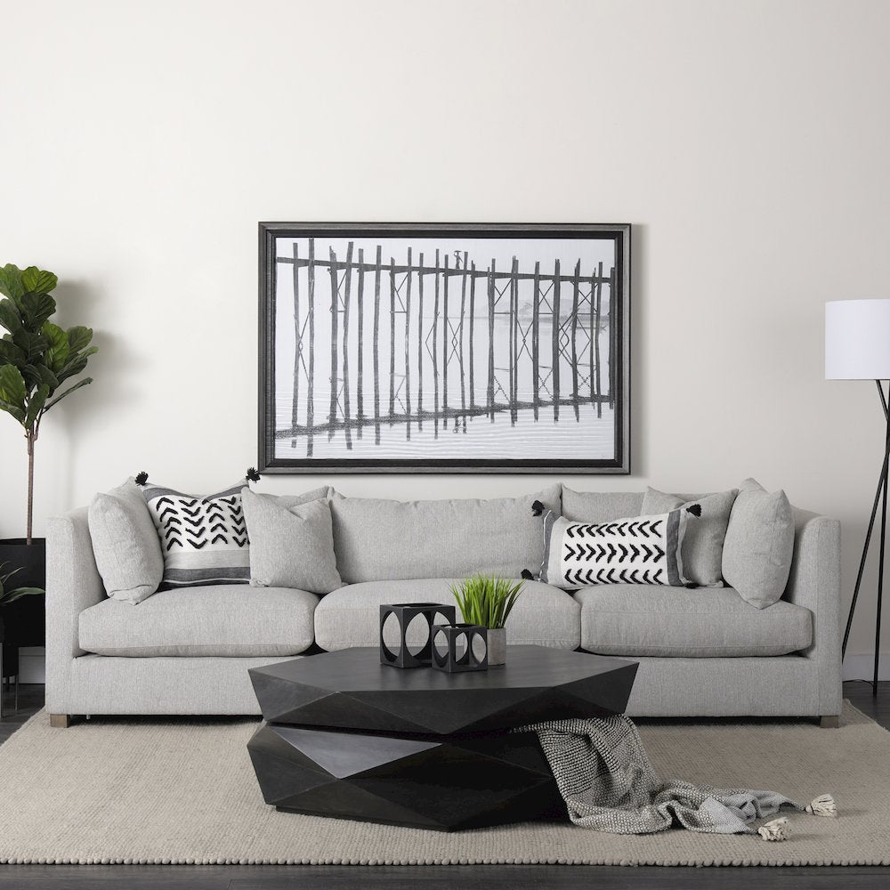 White and Black Fabric Herringbone and Fringed Decorative Pillow Cover