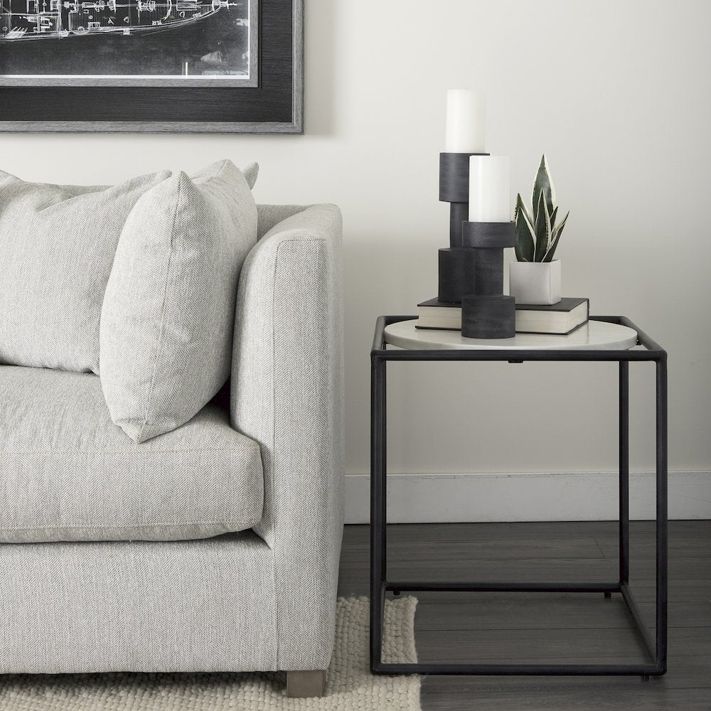 Austen 20L x 20W x 22H Round White Marble Top W/ Black Metal Frame Side Table