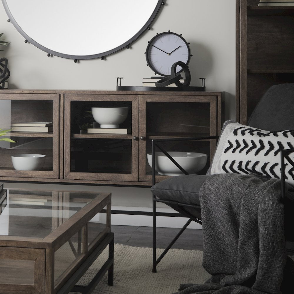 Medium Brown, Black Metal Base w/ 4 Glass Door Cabinets Sideboard